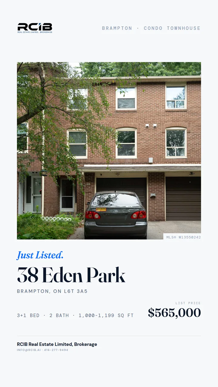 Just Listed story-format graphic for 38 Eden Park, Brampton - editorial concept, 9:16