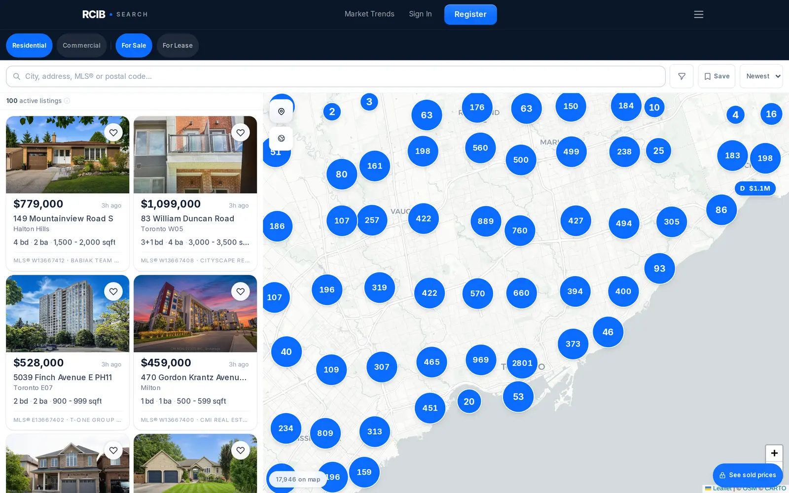 RCIB home search - live map and listing results at search.rcib.ai